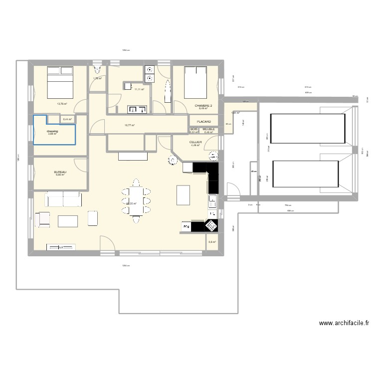 PLAN 140M2. Plan de 16 pièces et 127 m2