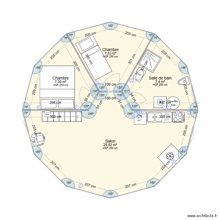 Yourte. Plan de 4 pièces et 47 m2