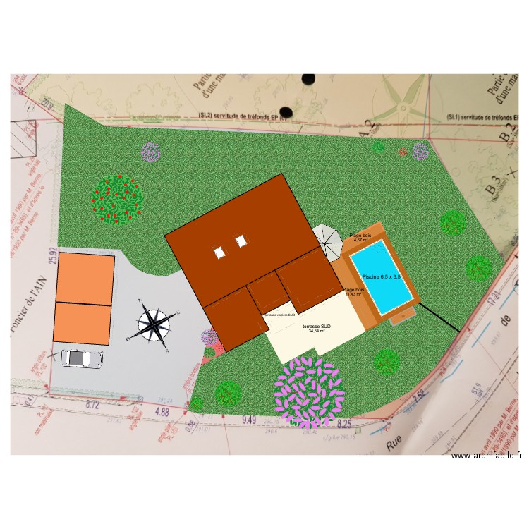 piscine 6,5 x 3,5. Plan de 5 pièces et 58 m2