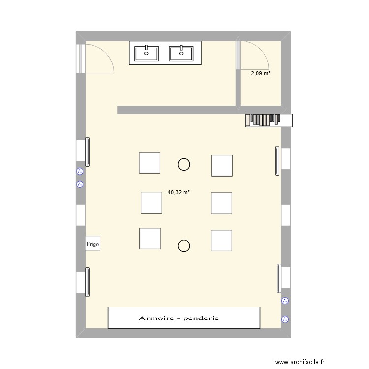 local. Plan de 2 pièces et 42 m2