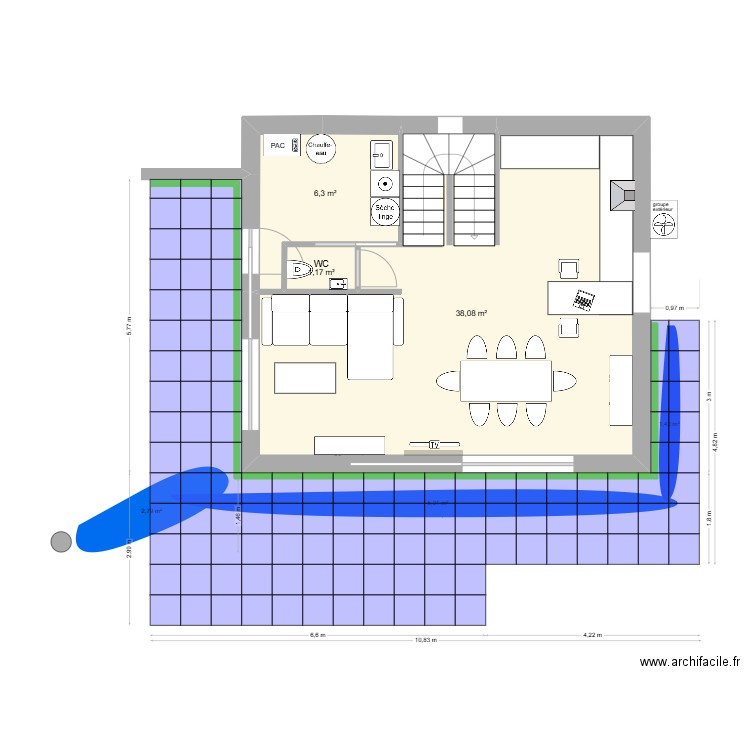 Plan terrasse platelage dalles DEMANDE DEVIS. Plan de 3 pièces et 46 m2