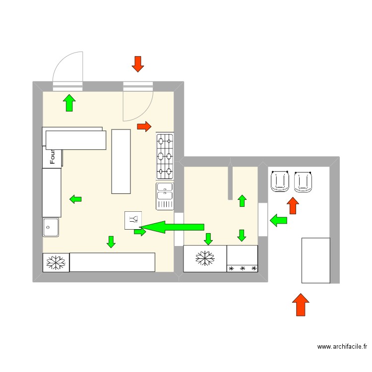 Plan cuisine marche en avant. Plan de 2 pièces et 23 m2