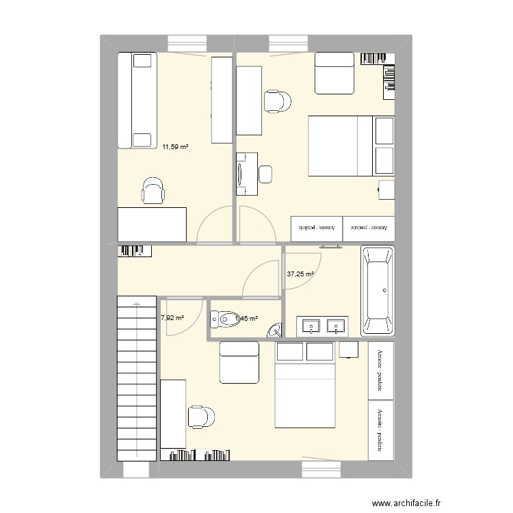 R+1. Plan de 3 pièces et 27 m2