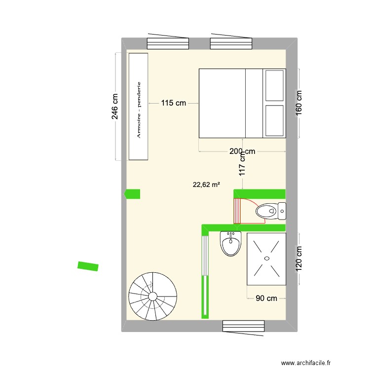 chambre duwetz. Plan de 1 pièce et 23 m2