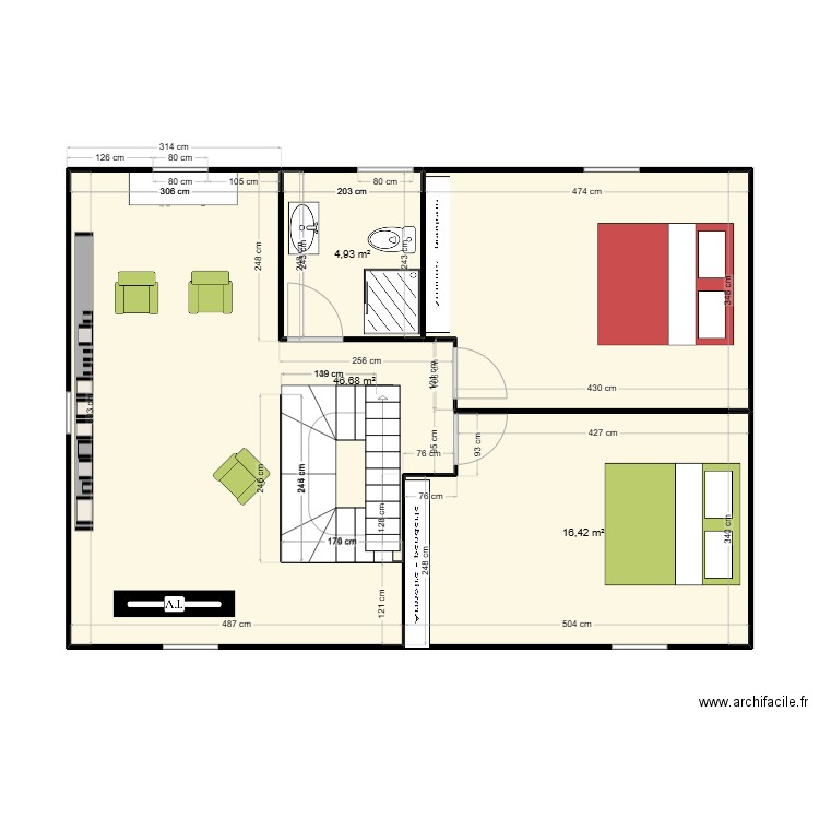 2etage. Plan de 3 pièces et 68 m2