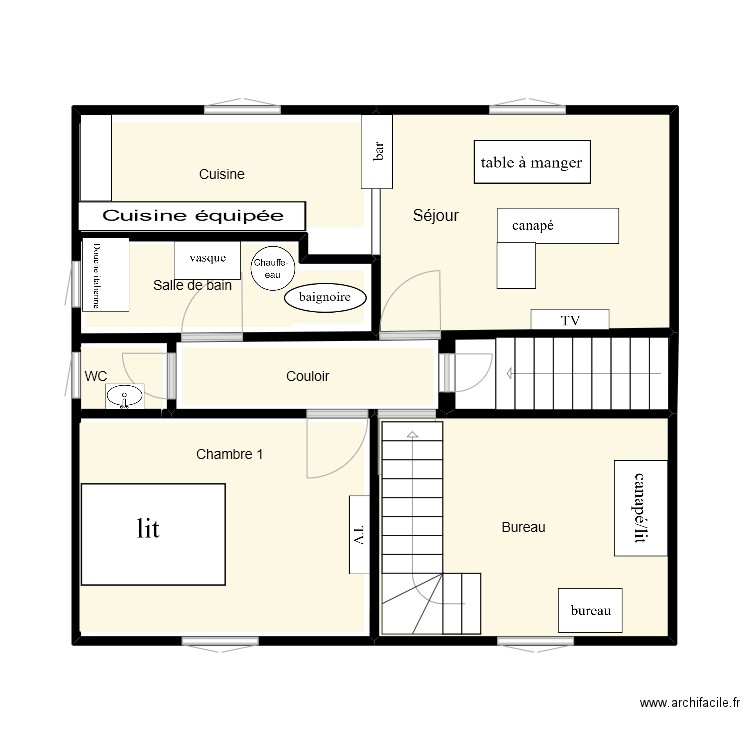 Maison devant etage1. Plan de 8 pièces et 43 m2