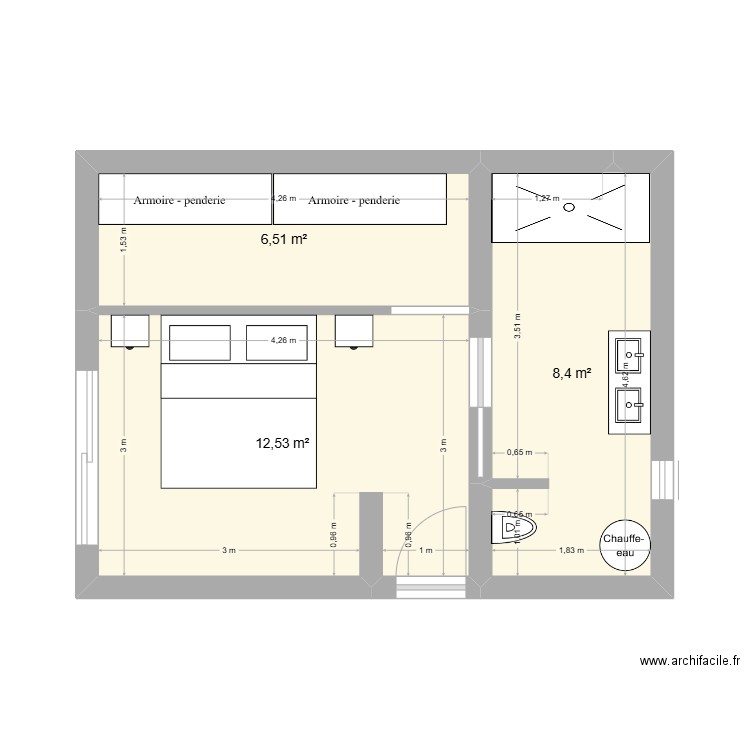 suite parentale. Plan de 3 pièces et 27 m2