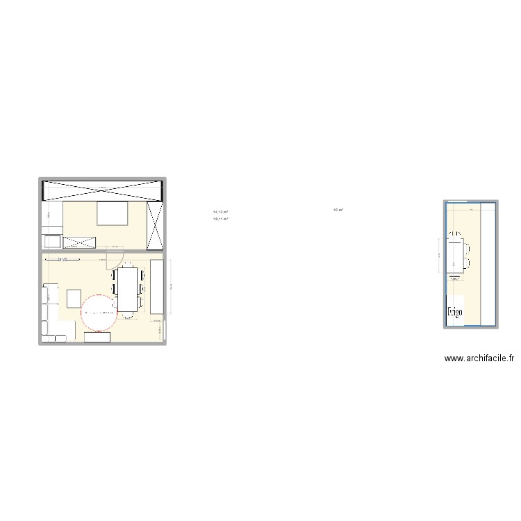 salon rosa. Plan de 3 pièces et 42 m2