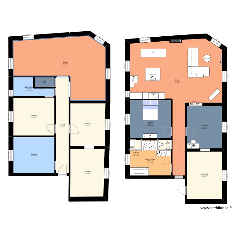 RP F4 - Changement cuisine + SDB. Plan de 15 pièces et 224 m2