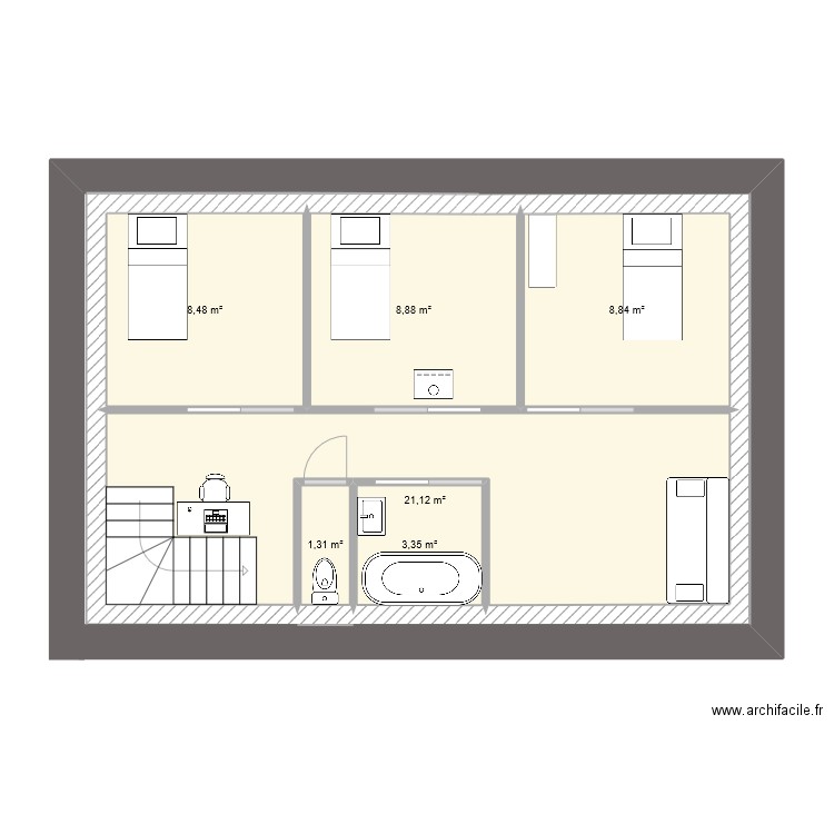 maison etage. Plan de 6 pièces et 52 m2