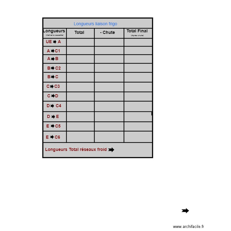 Tableau longueurs Liaison frigo La Métare . Plan de 0 pièce et 0 m2