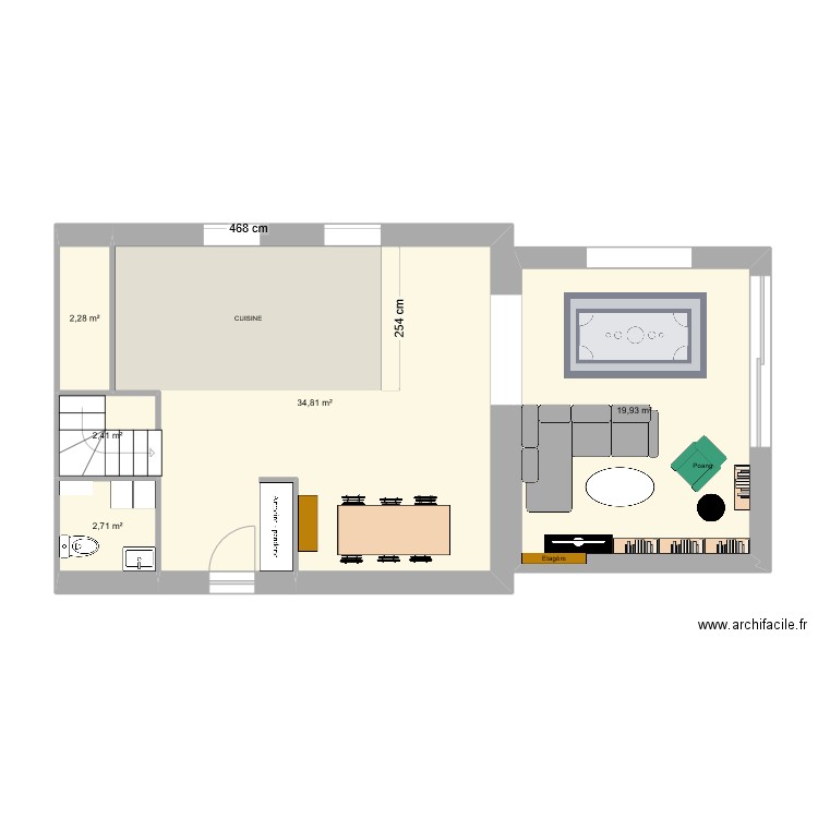 RDC. Plan de 5 pièces et 62 m2