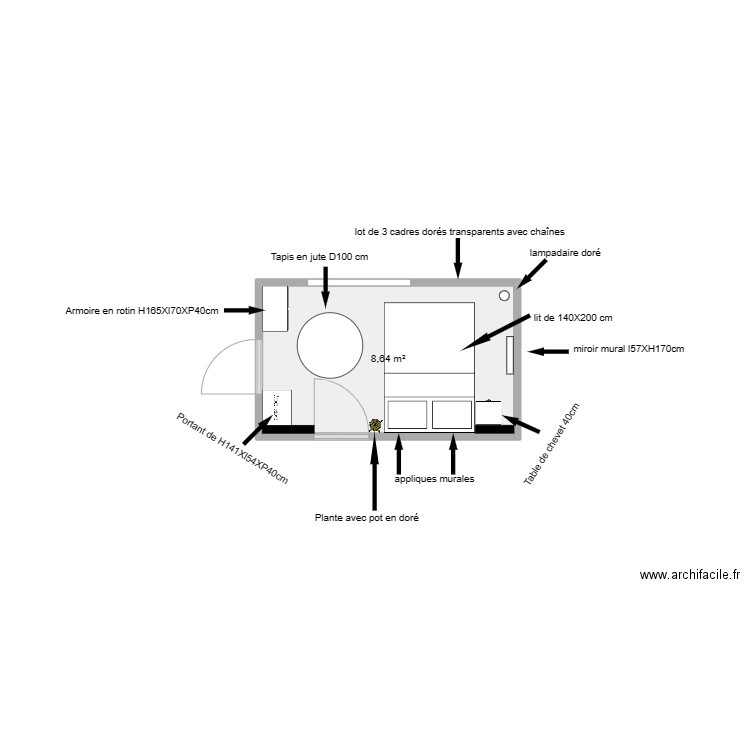 agencement chambre. Plan de 1 pièce et 9 m2