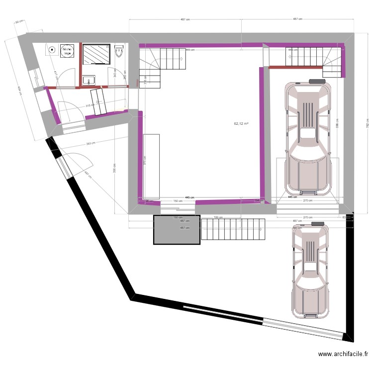 Escalier cave avec balcon. Plan de 1 pièce et 62 m2