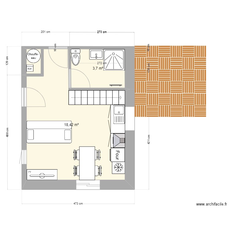 Agrandissement V1. Plan de 2 pièces et 22 m2