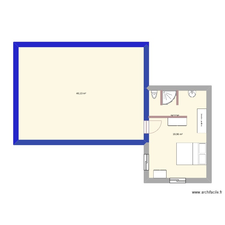 chambre 01. Plan de 2 pièces et 66 m2