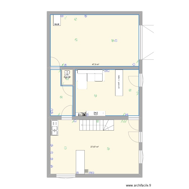 maison bas . Plan de 3 pièces et 77 m2