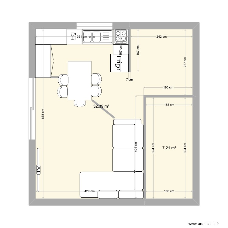 CUISINE MAEVA. Plan de 2 pièces et 40 m2