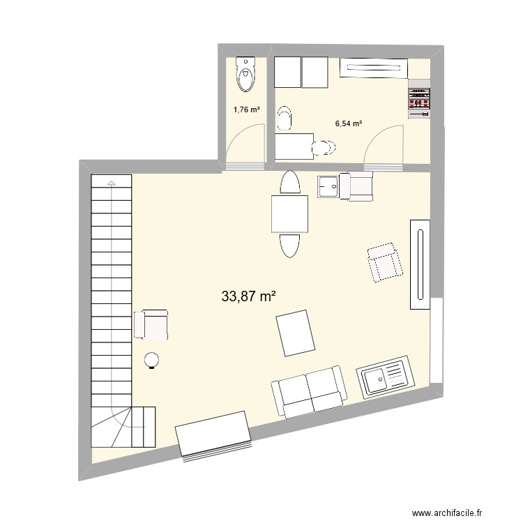 salon de base. Plan de 3 pièces et 42 m2