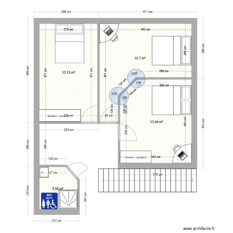 etage 2. Plan de 4 pièces et 44 m2