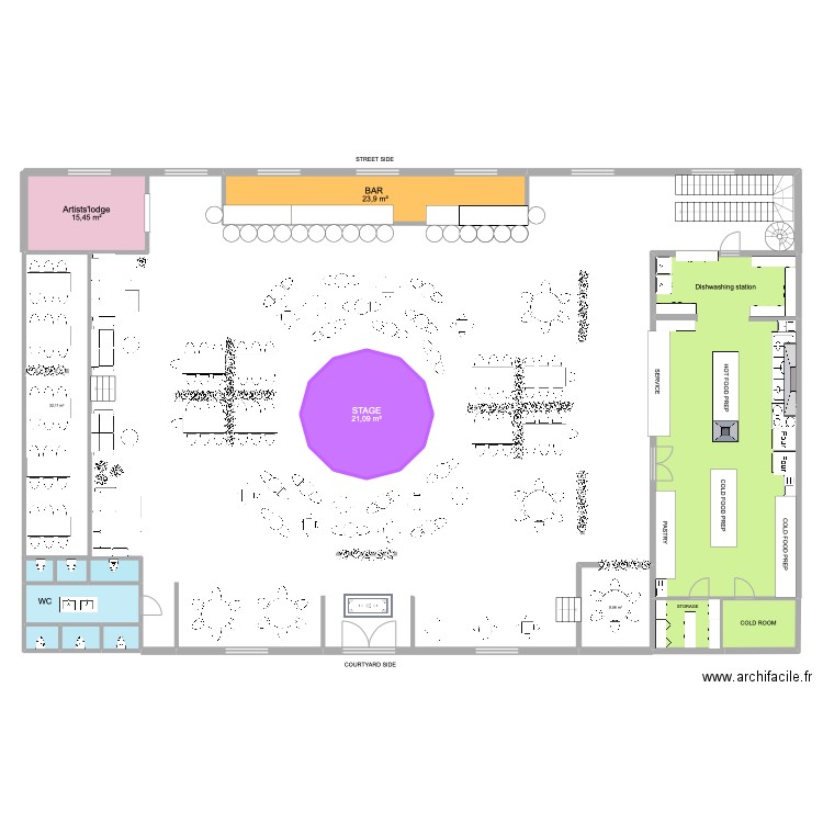 Cabaret. Plan de 19 pièces et 344 m2