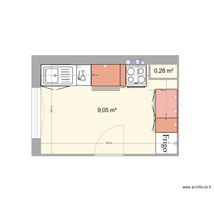 cuisine. Plan de 2 pièces et 9 m2