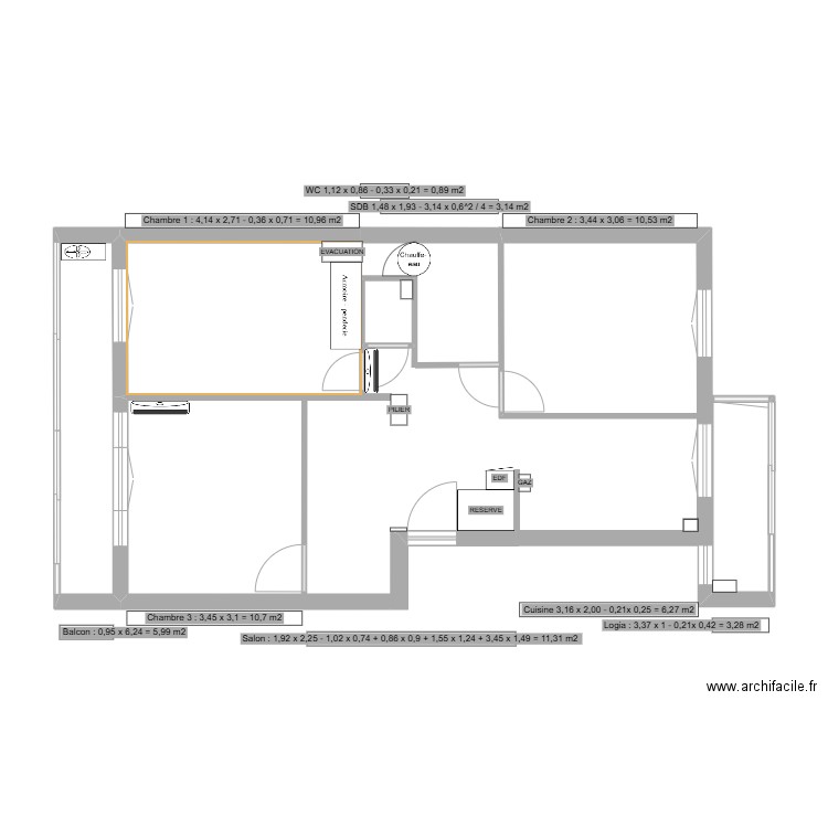 appart_54m2_3_chambres. Plan de 5 pièces et 32 m2