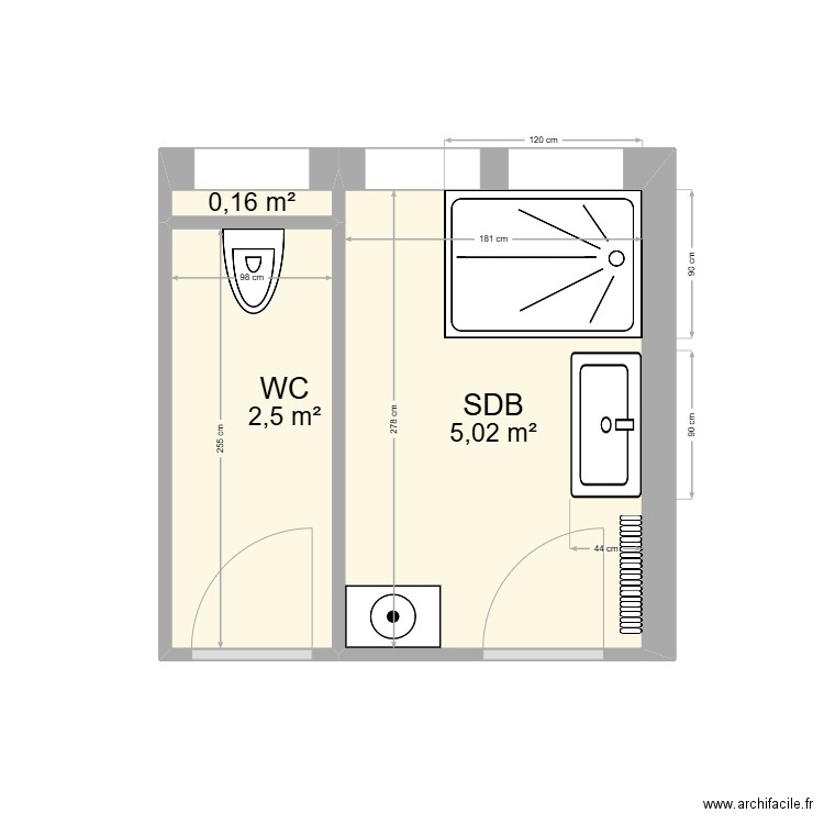 RICARDOU SALLE DE BAIN. Plan de 3 pièces et 8 m2