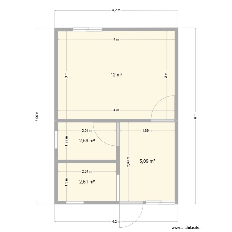 studio 1Chambre salon douche terrasse2. Plan de 4 pièces et 22 m2