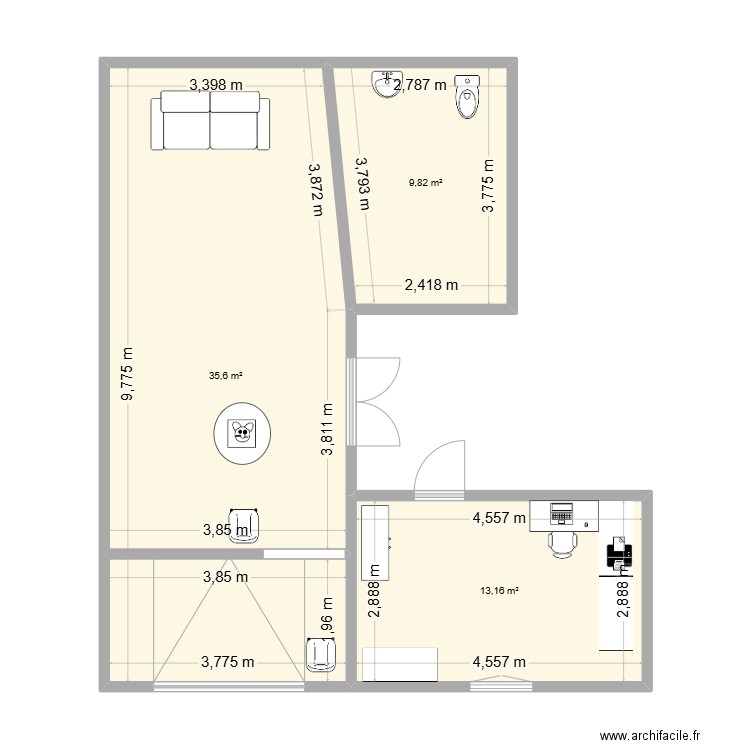 bureau. Plan de 3 pièces et 59 m2