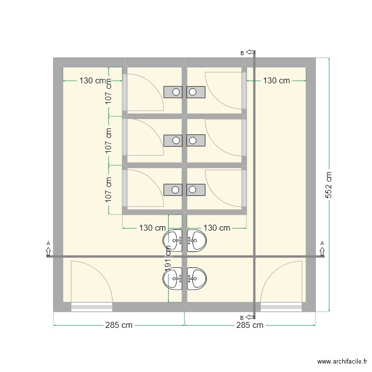 toilettes visiteurs vue en plan. Plan de 8 pièces et 25 m2