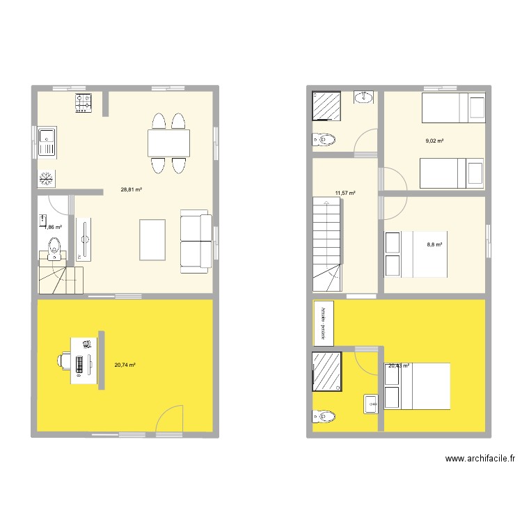 juan 2 etages. Plan de 7 pièces et 101 m2