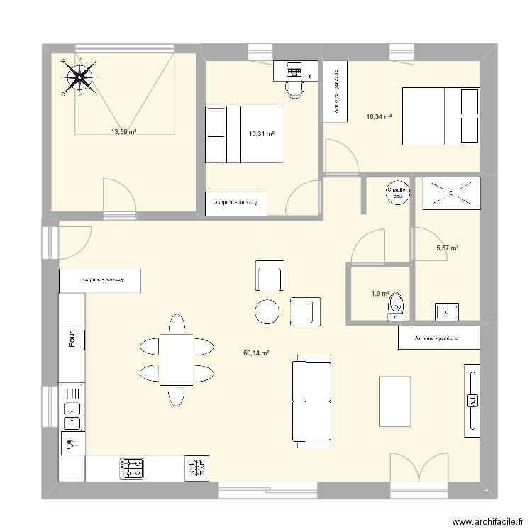 Magnolia3ch90v1. Plan de 6 pièces et 102 m2