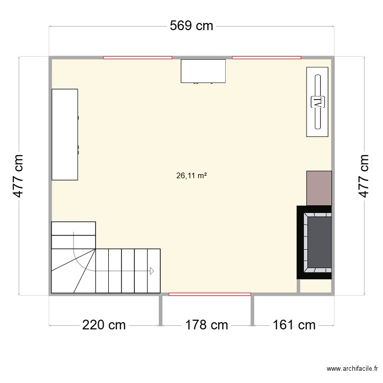 Salon. Plan de 1 pièce et 26 m2