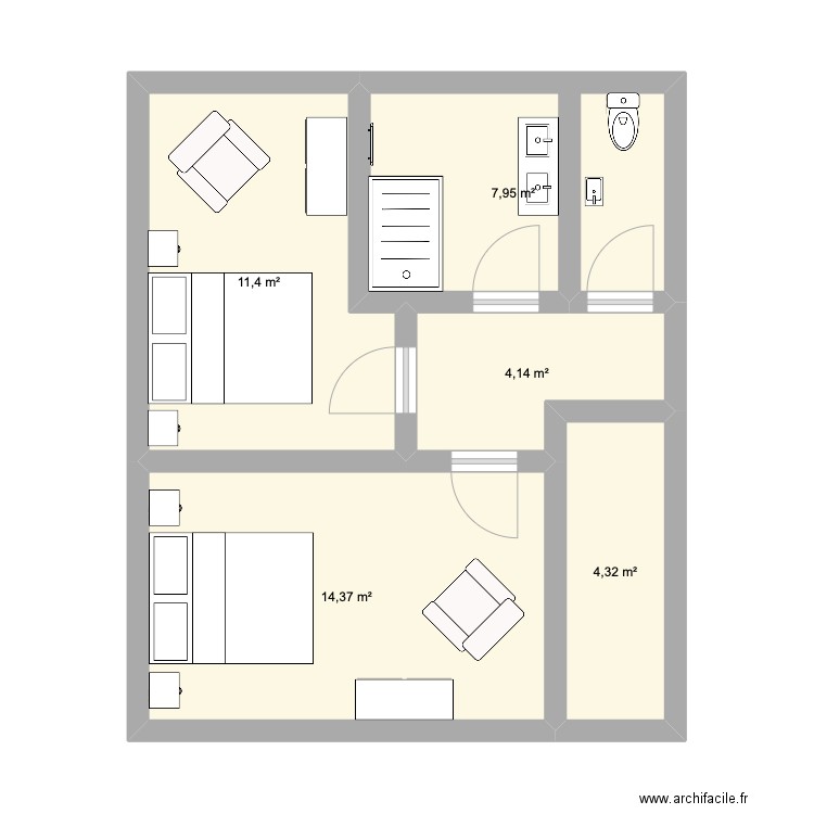 ÉTAGE GÎTE. Plan de 5 pièces et 42 m2