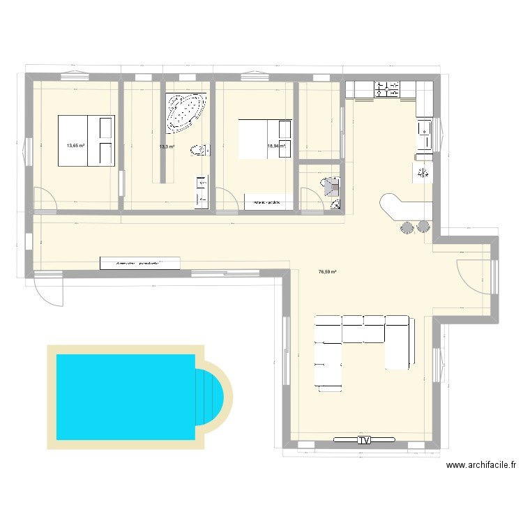 maison en L. Plan de 4 pièces et 122 m2