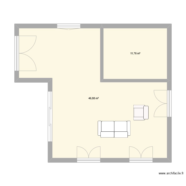 Salon cx Valmer. Plan de 2 pièces et 59 m2