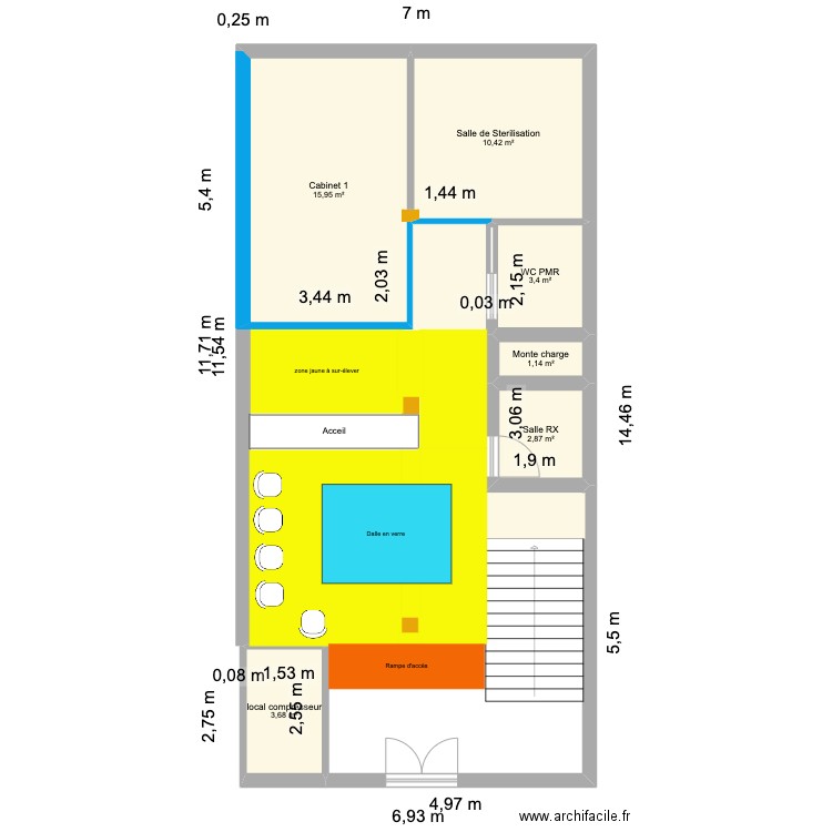 RDC. Plan de 6 pièces et 37 m2