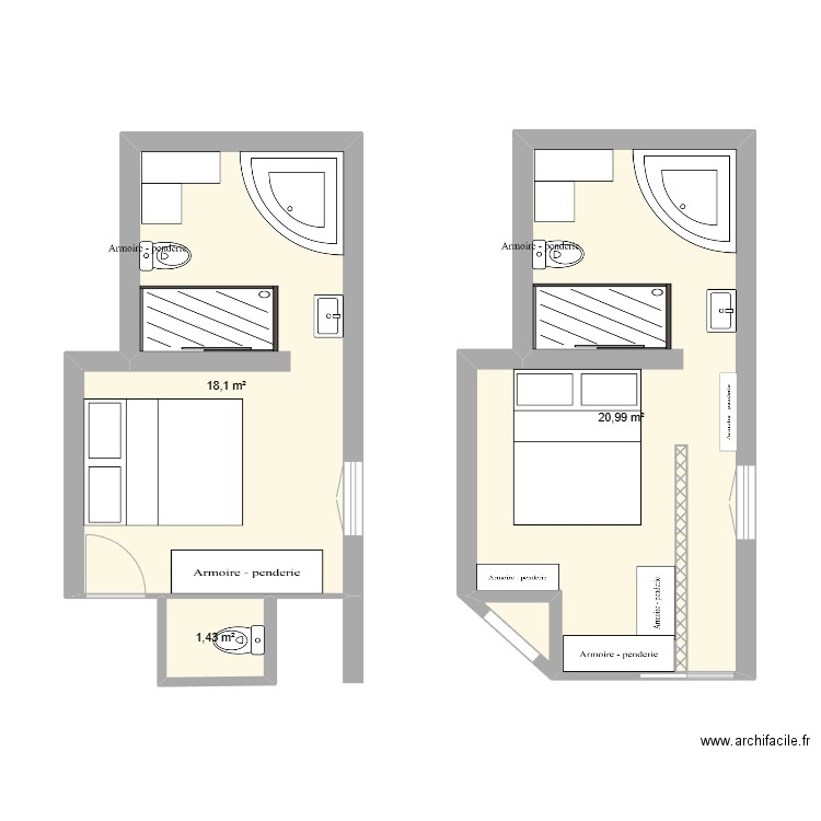 Chambre. Plan de 3 pièces et 41 m2