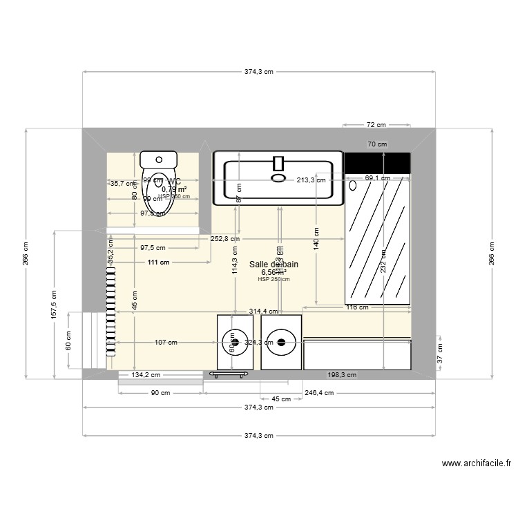 SDB 3. Plan de 2 pièces et 7 m2