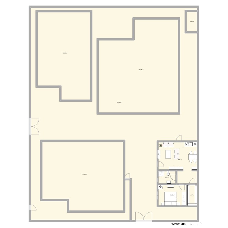 Plan 1 avec coin cuisine. Plan de 9 pièces et 1005 m2