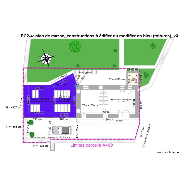 PC2_plan de masse_constructions à édifier en bleu (toitures)_v2. Plan de 5 pièces et 116 m2