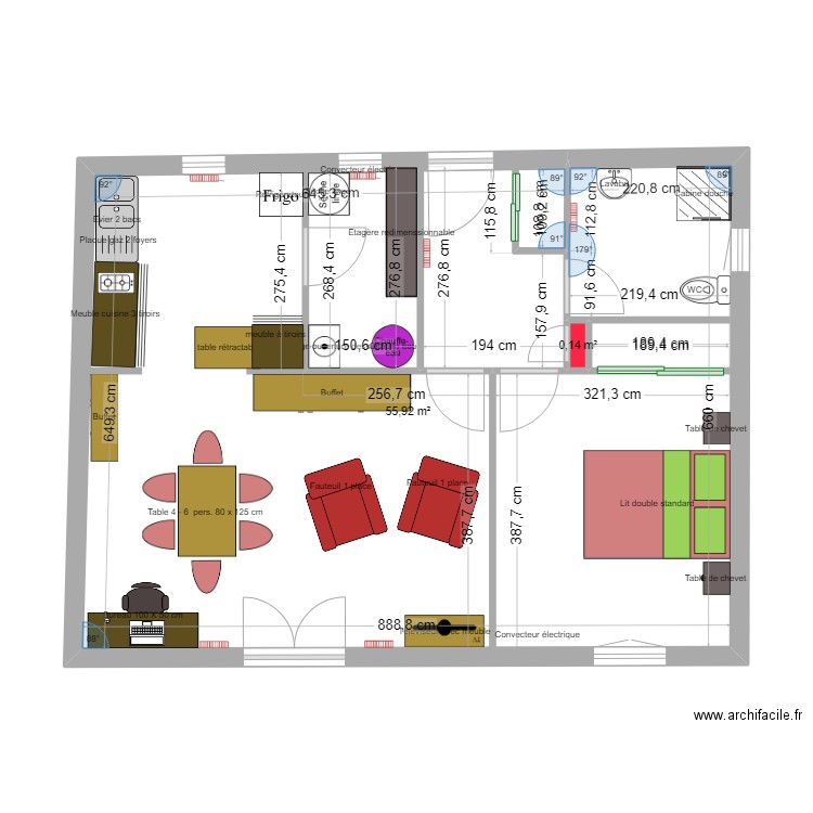 location papi 2. Plan de 2 pièces et 56 m2