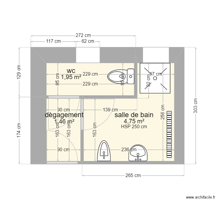 salle de bain existante. Plan de 3 pièces et 8 m2