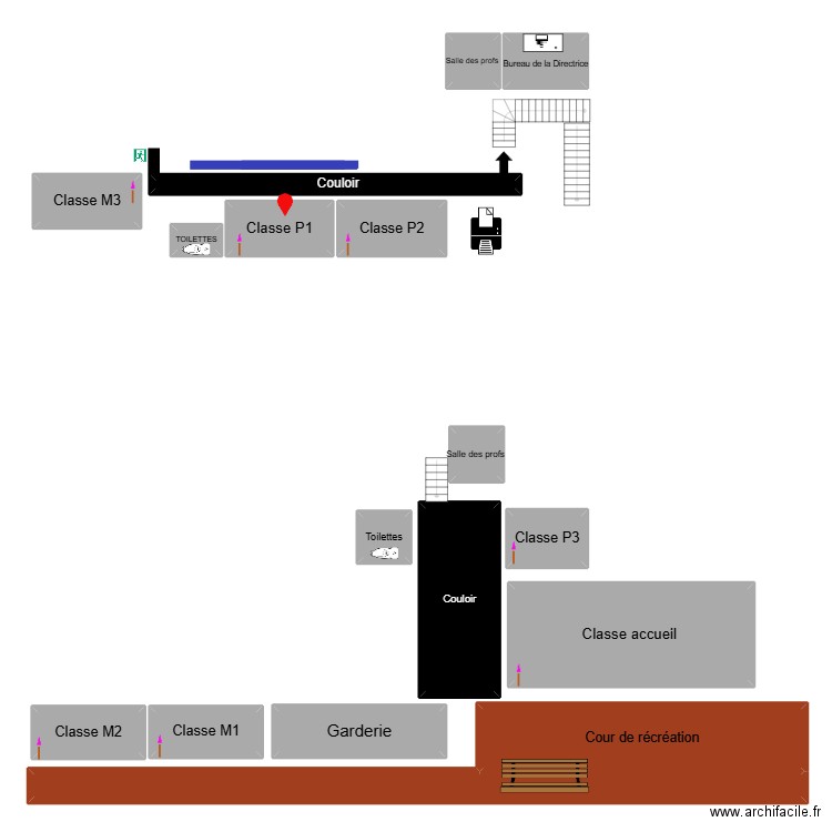 ecole. Plan de 17 pièces et 139 m2