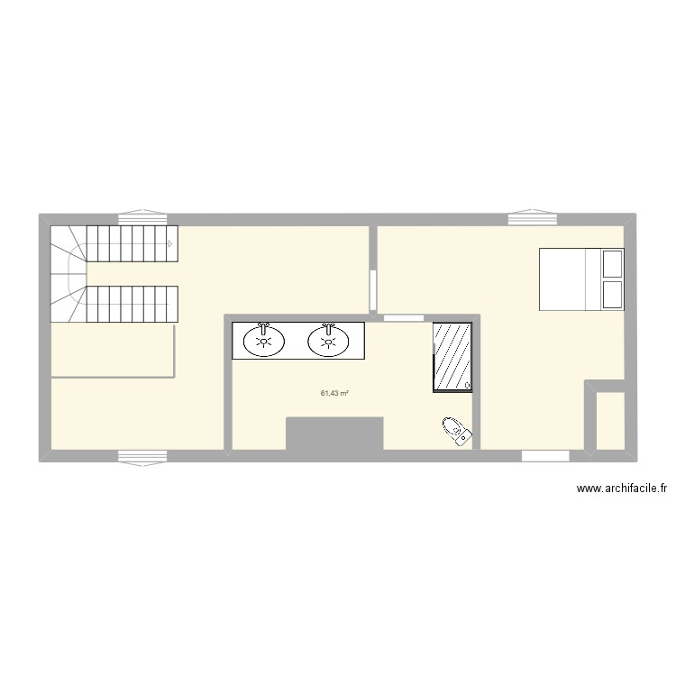 Chambre 1er étage au dessus cuisine. Plan de 1 pièce et 61 m2