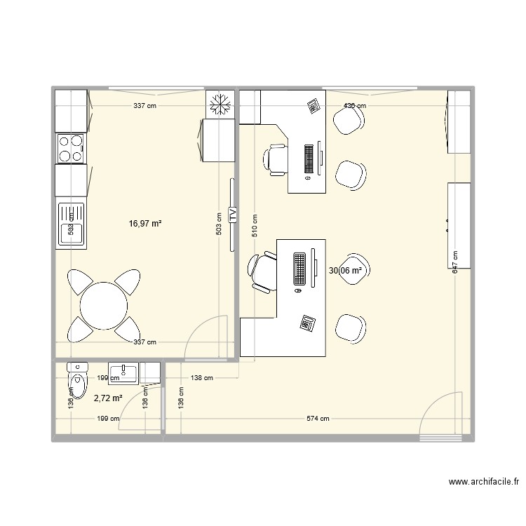 atelier. Plan de 3 pièces et 50 m2