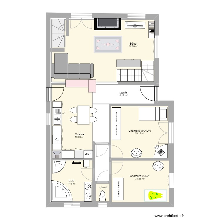 Pallud Etage 1 Aménagement. Plan de 8 pièces et 78 m2