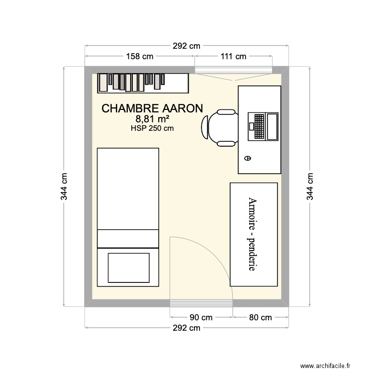 CHAMBRE AARON. Plan de 1 pièce et 9 m2