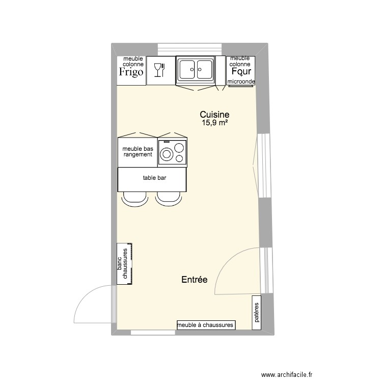 Cuisine Normandie en parallèle. Plan de 1 pièce et 16 m2